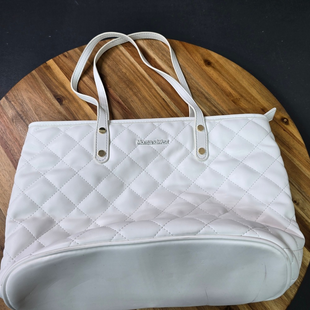 Montana West Tote Bag Large White Quilted Vegan Leather Gold‎ Hardware Chic
